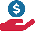 A red hand with a blue coin and dollar sign in the middle.