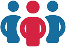 A red person is in the middle of two blue people.